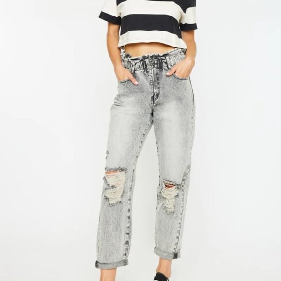 KanCan Ultra High Rise Paperbag Boyfriend Jeans Distressed Blue Size Small - Picture 1 of 16